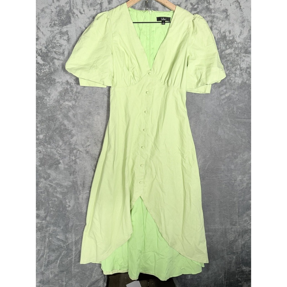 Lulus Womens Dress S Lime Green V Neck Button Front High Low Hem Puff Sleeve